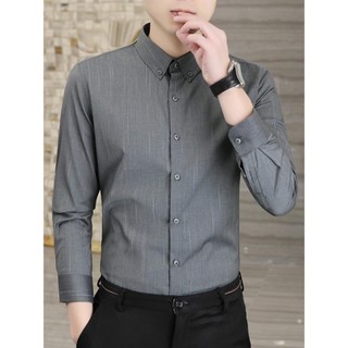 Camisa masculina 2026 primavera outono novo estilo não-ferro high-end camisa listrada negócios Casual cinza high-end cam