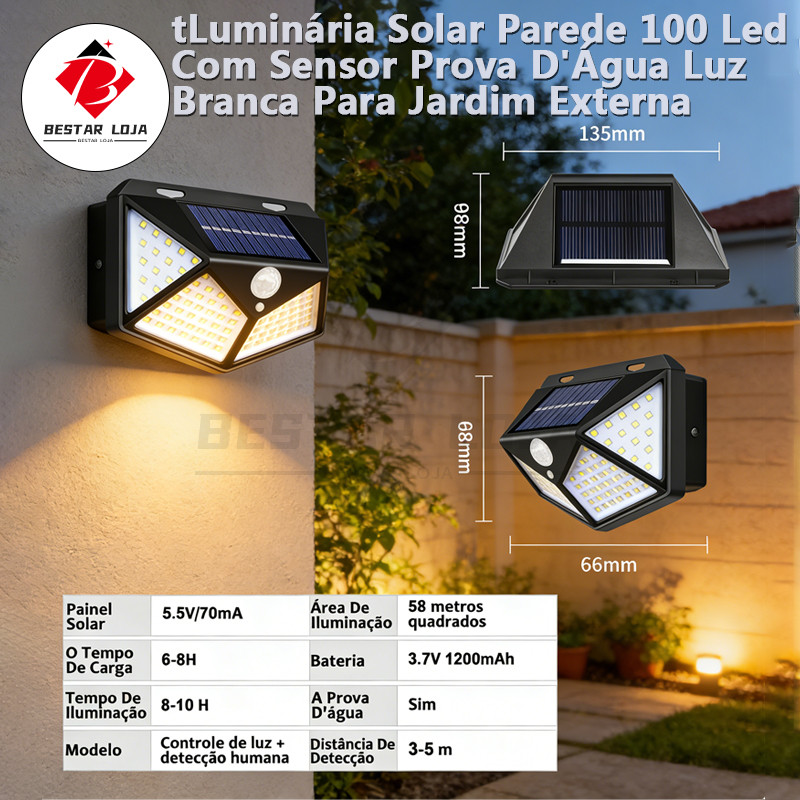 BESTAR LOJA  Luminária Solar Parede 100 Led Com Sensor Prova D'Água  Luz Branca Para Jardim Externa