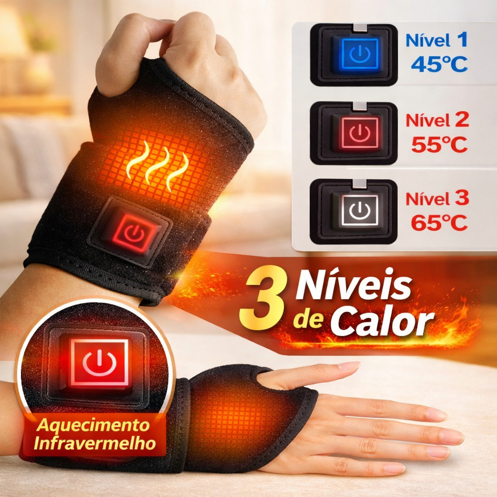 Munhequeira Térmica Ajustável 3 Níveis de Calor Suporte para Pulso Alívio de Tendinite