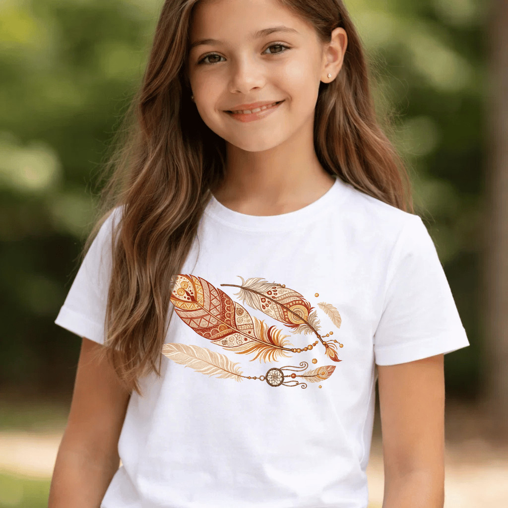Camiseta Infantil Estampada Penas Deitadas Criança 100% Básica Manga Curta Unissex Masculina e Feminino Básica