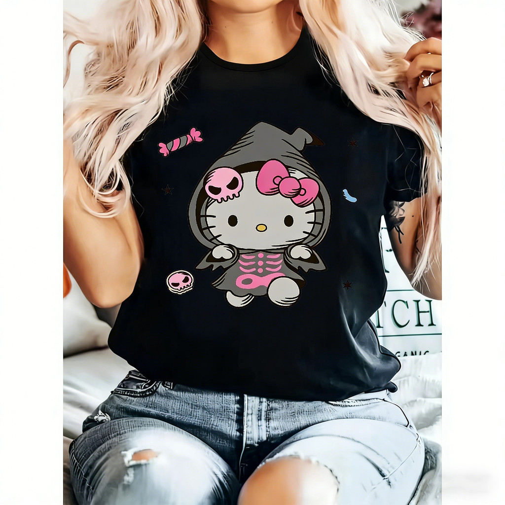 Camiseta Feminina Hello Kitty Halloween Estampa Fofa Confortável Estilosa Tendência