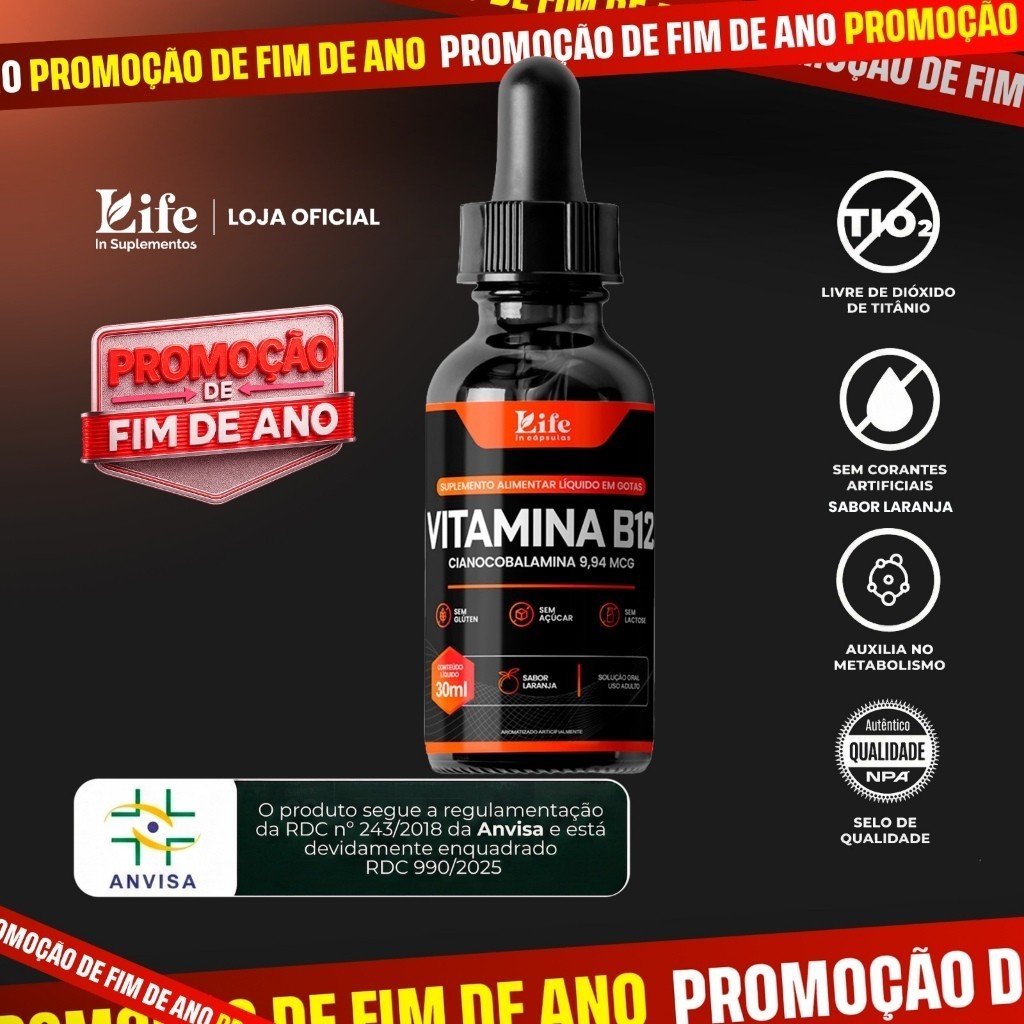 Vitamina B12 Life In Gotas Sabor Laranja 30ml - Absorção Rápida. Envio Imediato.