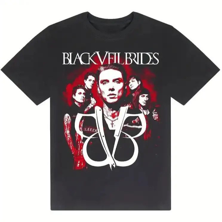 Camiseta Unissex 100% Algodão - Estampa da Banda Black Veil Brides: Estilo casual e simples, gola redonda e manga curta.