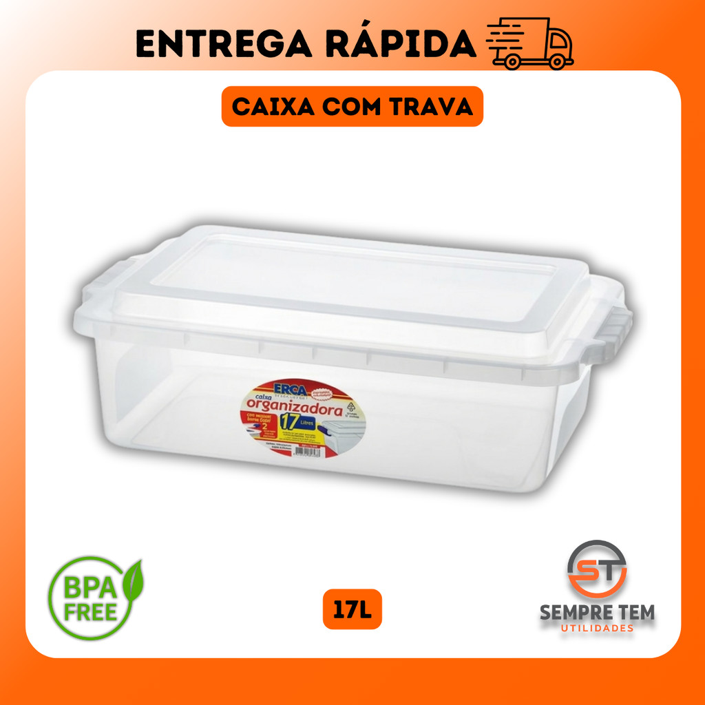 Caixa Baixa Organizadora Com Trava Tampa 17 Litros Multiuso Resistente Casa Cozinha Alimentos