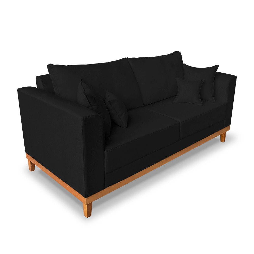 Sofá 3 Lugares Retro Sala de Estar Beny Suede Preto Madeira Estofados