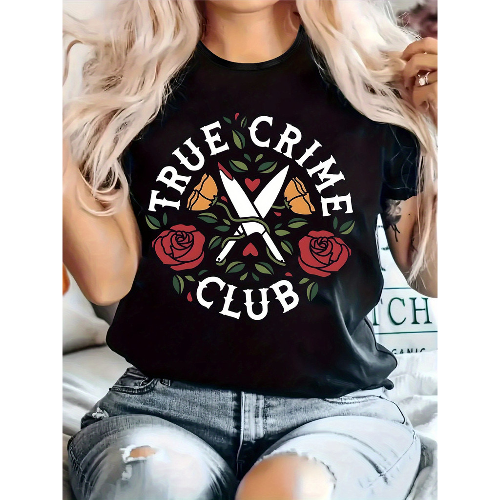 Camiseta Feminina True Crime Club Rosas Tesoura Estampada Confortável Estilosa Divertida Casual