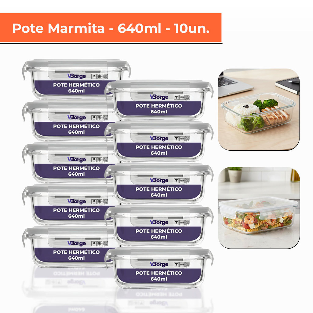Kit Potes Hermético 640ml Vidro 4 Travas Marmita Forno Microondas Casa