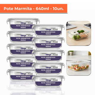 Kit Potes Hermético 640ml Vidro 4 Travas Marmita Forno Microondas Casa