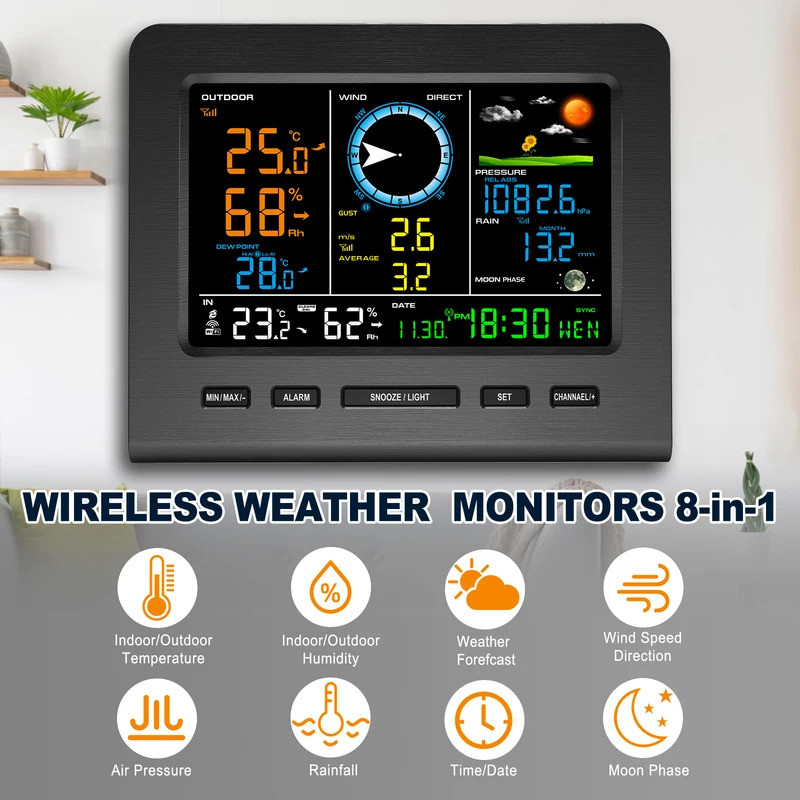 Estação Meteorológica Sem Fio 8 Em 1 Com Sincronização WiFi Sensor Externo Movido A Energia Solar Temperatura Tempo Real