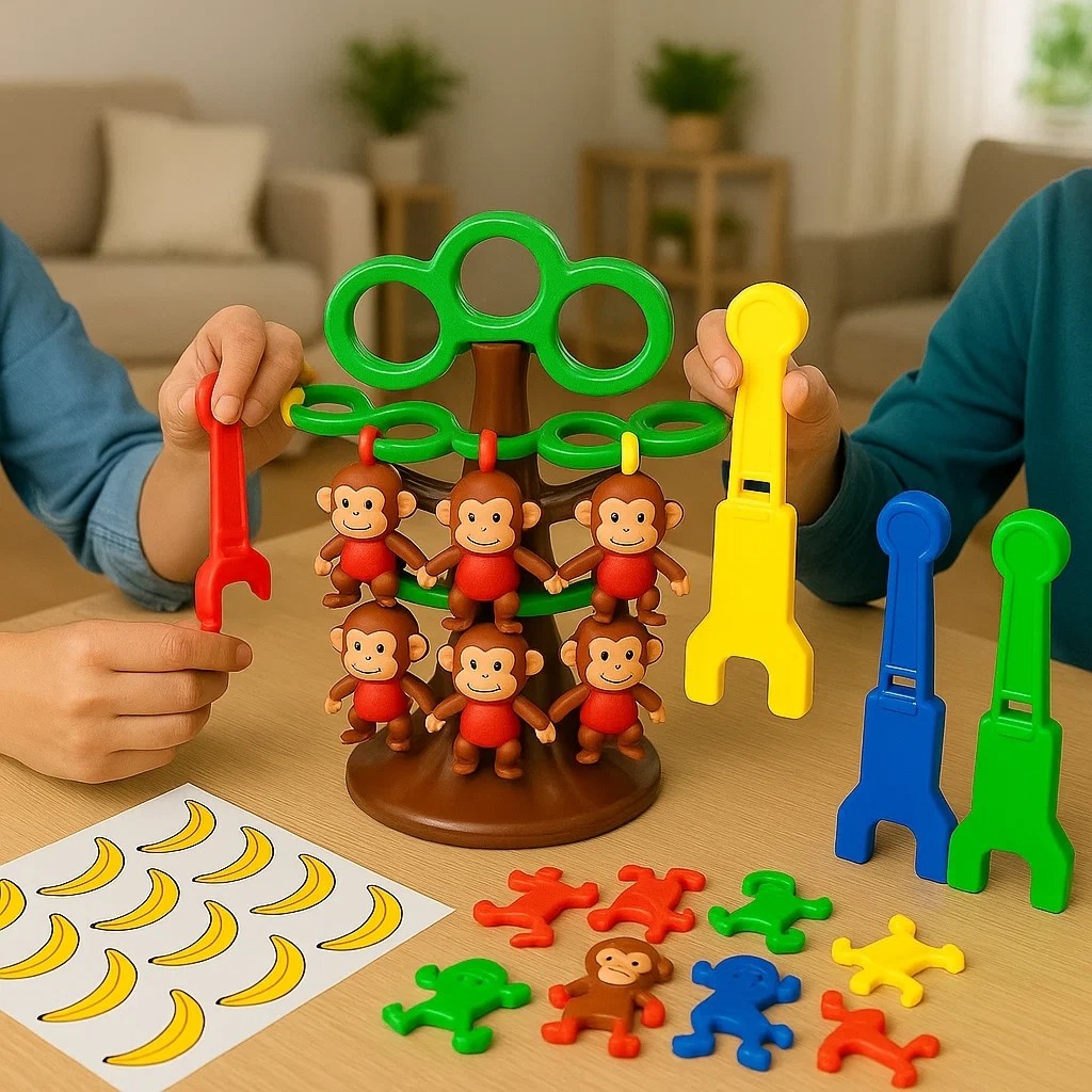 Pula macaco jogo infantil montar bananas desafio brinquedo interativo presente familia de achadinhos