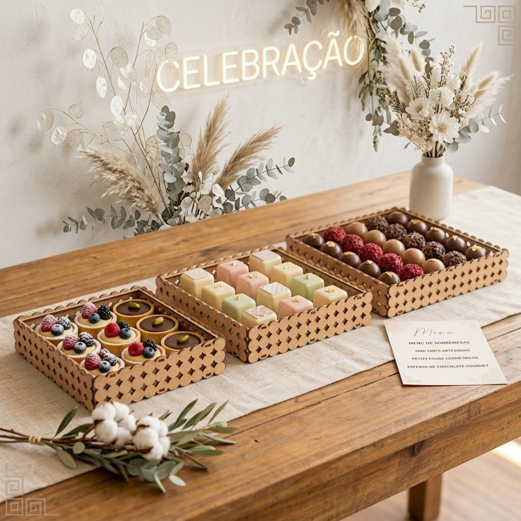 Trio Bandeja Pérola Quadrada MDF Cru MONTADO para festas