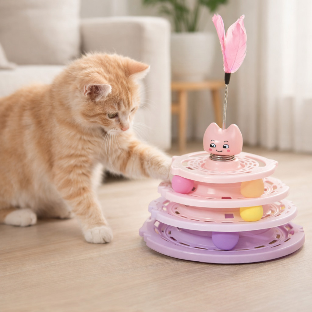 Torre de Brinquedo para Gatos de 4 Andares, com 3 Bolinhas e Penas, Estimula a Energia dos Gatos