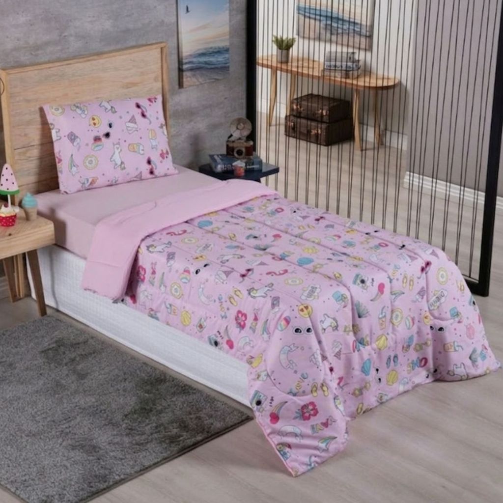 Kit Edredom Solteiro Dupla Face Rosa Infantil Estampado + Fronha Menina Quarto Conforto e Estilo Joy