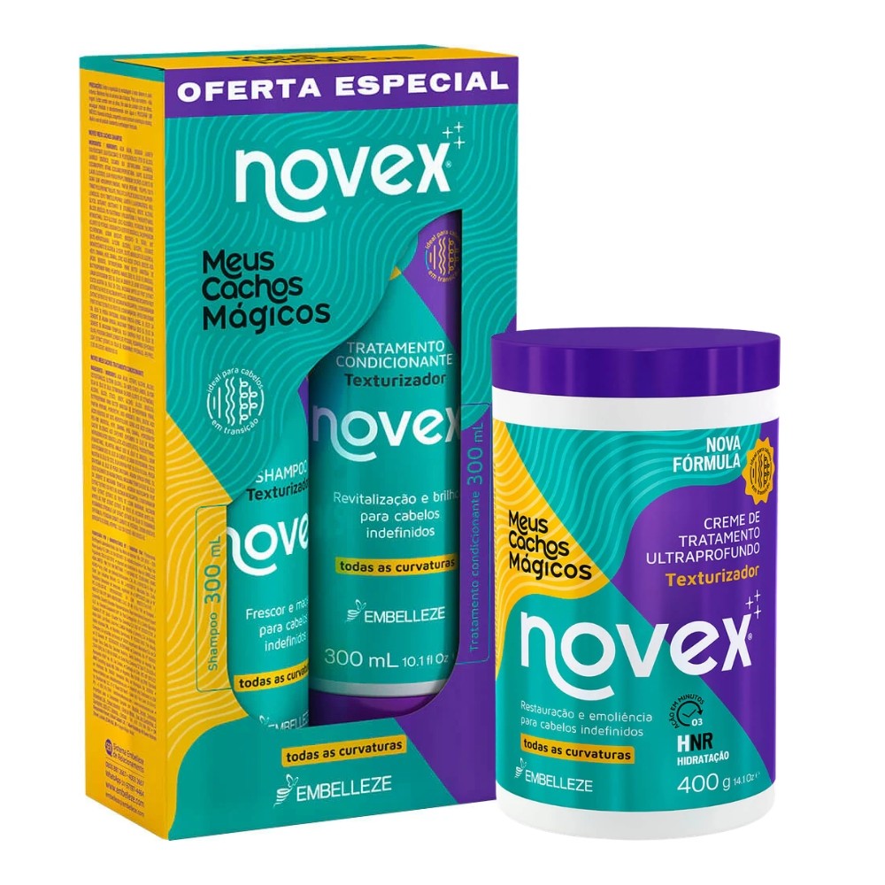 Kit Novex Meus Cachos Mágicos Shampoo + Condicionador + Creme de Tratamento 400g Hidratação e Definição dos Cachos