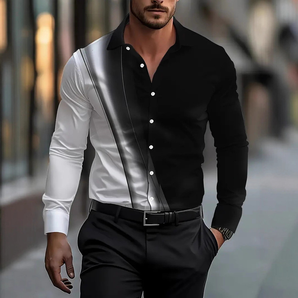 Camisa Masculina Moda Estampada Camisa Manga Longa Lapela Casual Camisa