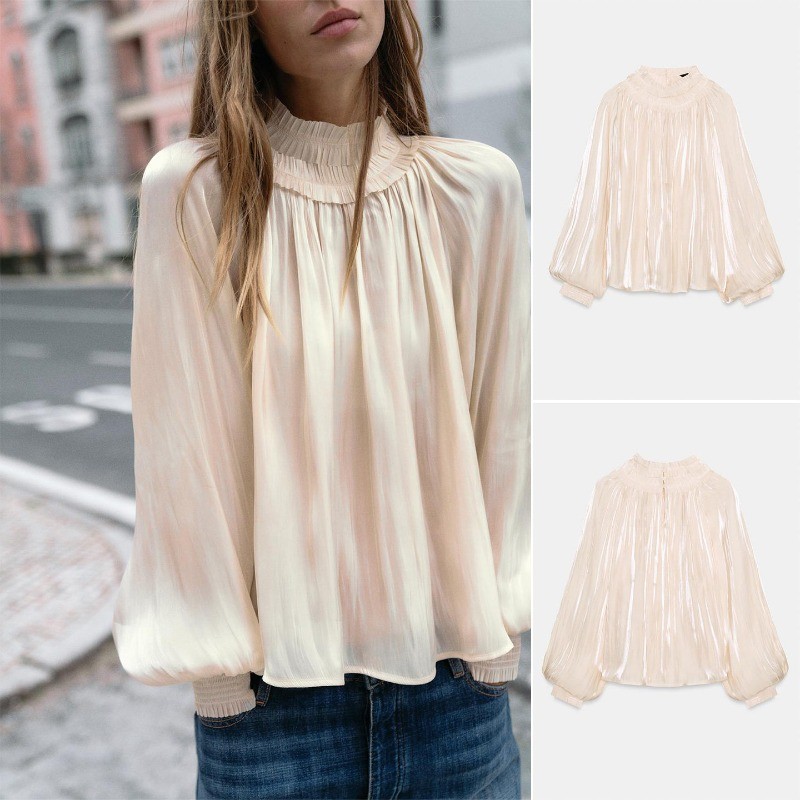 ZA Spring Camisa feminina de cetim de seda com gola alta e manga comprida 8741030