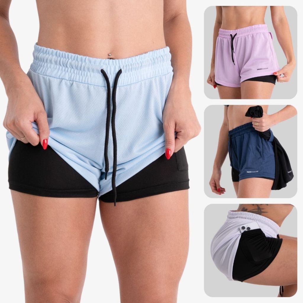 Shorts Compressão 2 em 1 Feminino Solto ou Kit com 3 Academia Caminhadas Corrida Bermuda Dupla Para Treino e Esportes