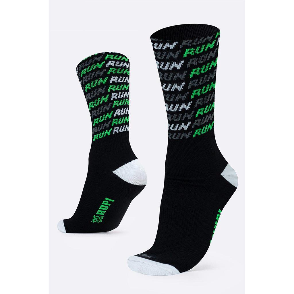 Meia HUPI Run Tri Preto e Verde 1 Par Cano Médio, Tamanho Plus 42-46