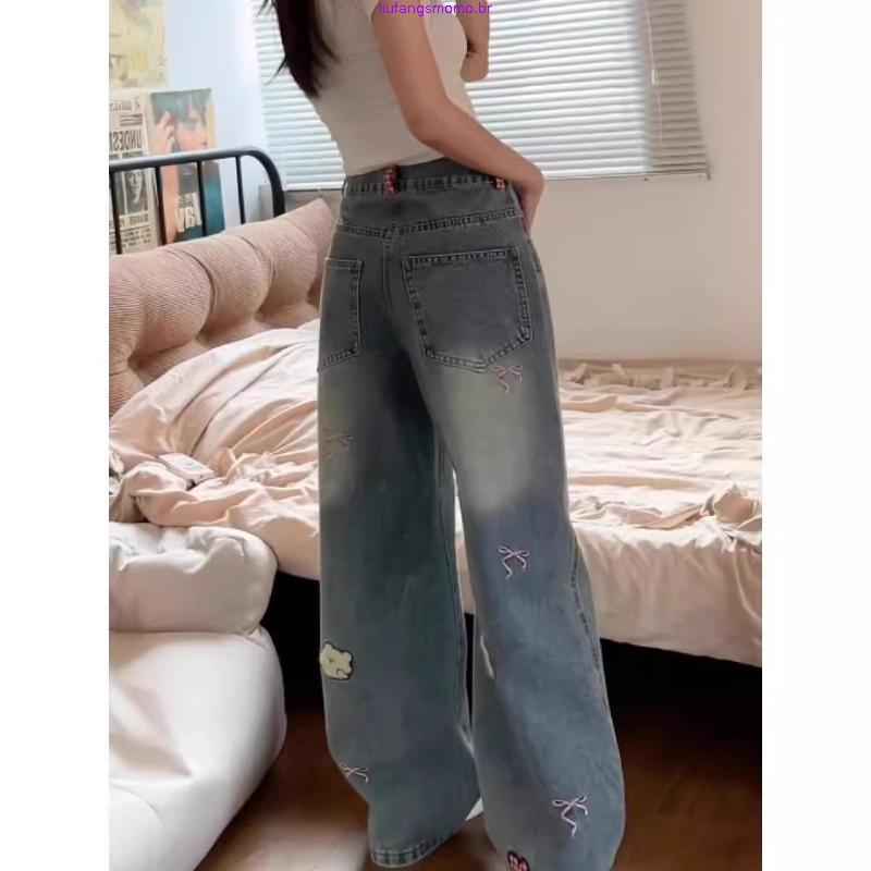 Jeans Bordados De Desenho Animado Para Mulheres Cintura Alta Retrô Lavada Calças De Perna Reta