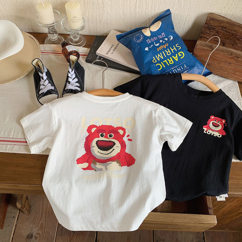 100% algodão crianças camiseta de manga curta verão morango urso impressão dos desenhos animados meninos meninas criança