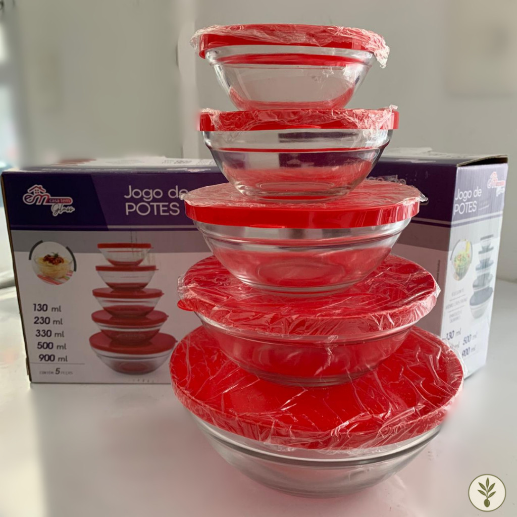 Conjunto Tigela Vidro Bowl Marmita Tampa Vermelha 5 Peças Pote Hermético