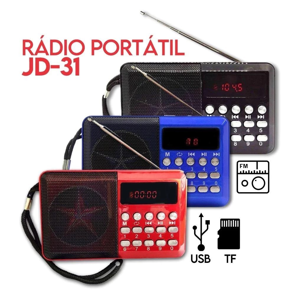Novo Rádio Portátil Bluetooth Sem FIo Toca FM + Cartão SD + PenDrive, Otimo Presente JD-31 Anatel