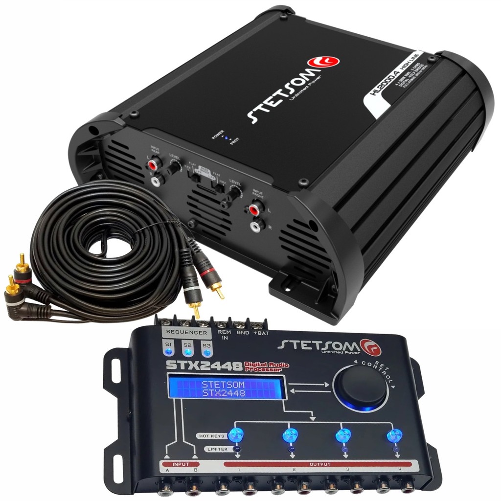 Kit Módulo Stetsom HL2000.4 2000W 2 Ohms + Processador de Áudio Stetsom STX2448 4 Vias + Cabo RCA 5m