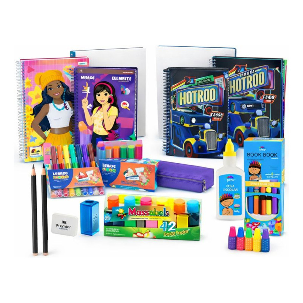 Volta às Aulas Kit Material Escolar Completo Com Caderno Infantil Canetinha Lápis de Cor Cola Massinha Estojo