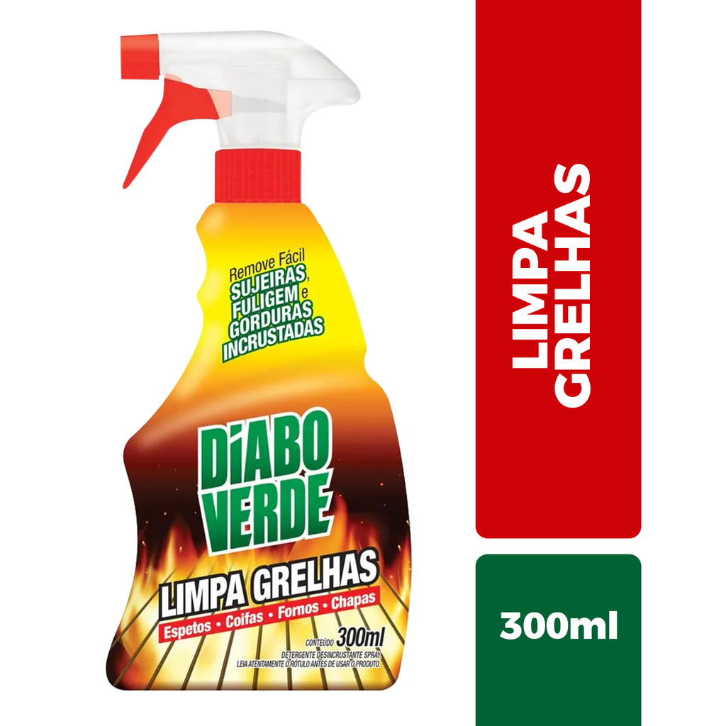Limpa Grelhas em Spray Diabo Verde 300ml Desengordurante Churrasqueira Parrilha Chapas Fogões Coifa Airfryer Limpa Fácil