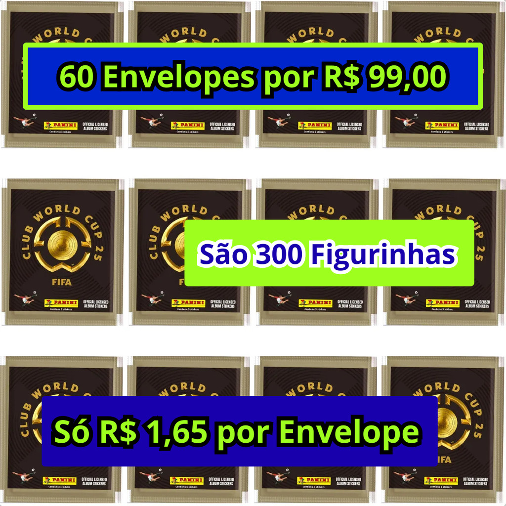 Kit 60 Envelopes de Figurinha Mundial de Clubes FIFA 2025 Panini - 300 Cromos - LIQUIDAÇÃO