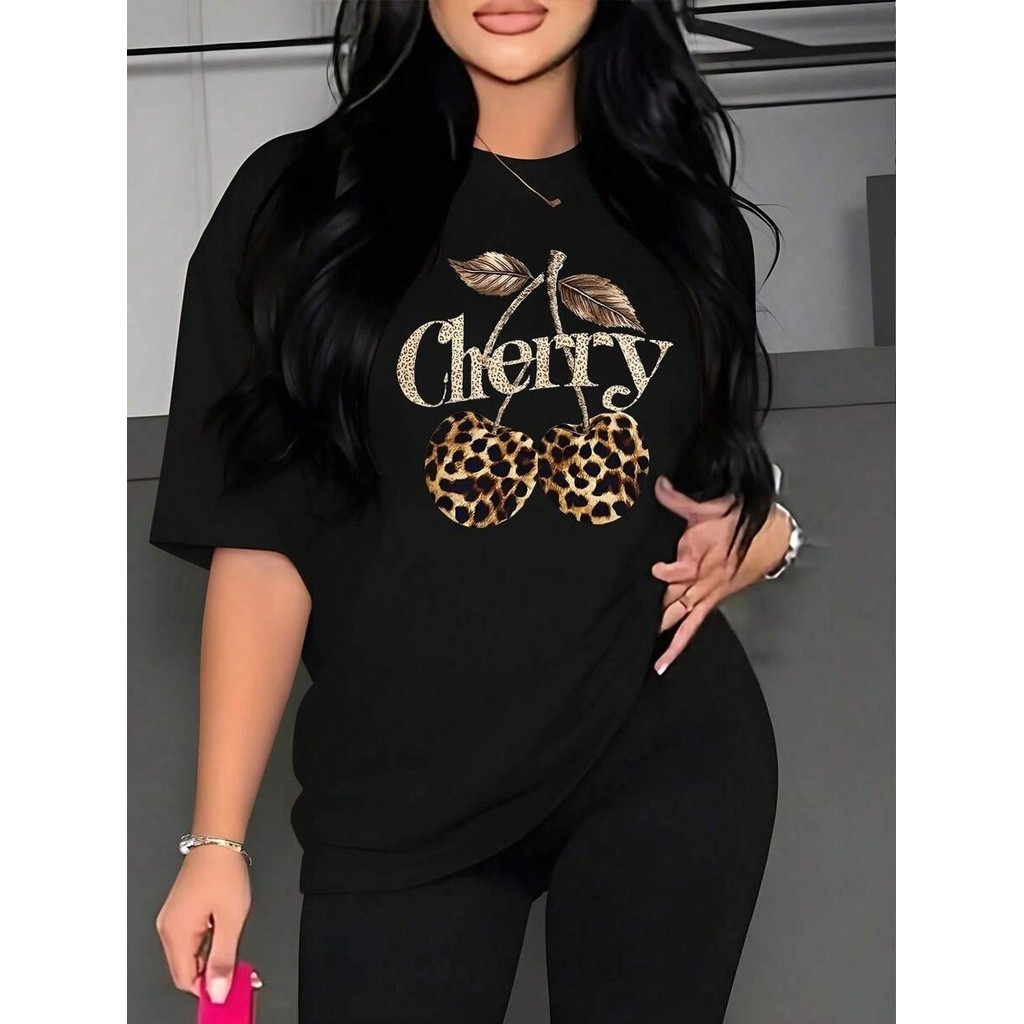Tshirt Feminina Estilosa Estampada Cereja Oncinha Lançamento Camiseta 100% Algodão Camisetão Camisa Oversized Plus Size