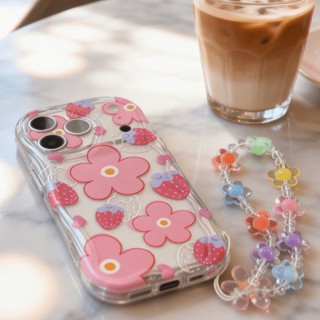 Morango Flores Capinha Com Alça De Pulso Capa Para IPhone 17 16 15 14 13 12 11 Plus Pro Max Ar Normal Flor Caso De Telef em Oferta na Shopee