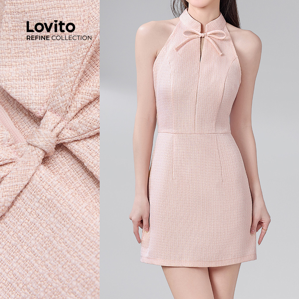 (Lovito Refine) Vestido Casual Em Tecido Tweed Novo Estilo Chinês Com Laço Rosa Primavera/verão Para Mulheres LR29A074 em Oferta na Shopee