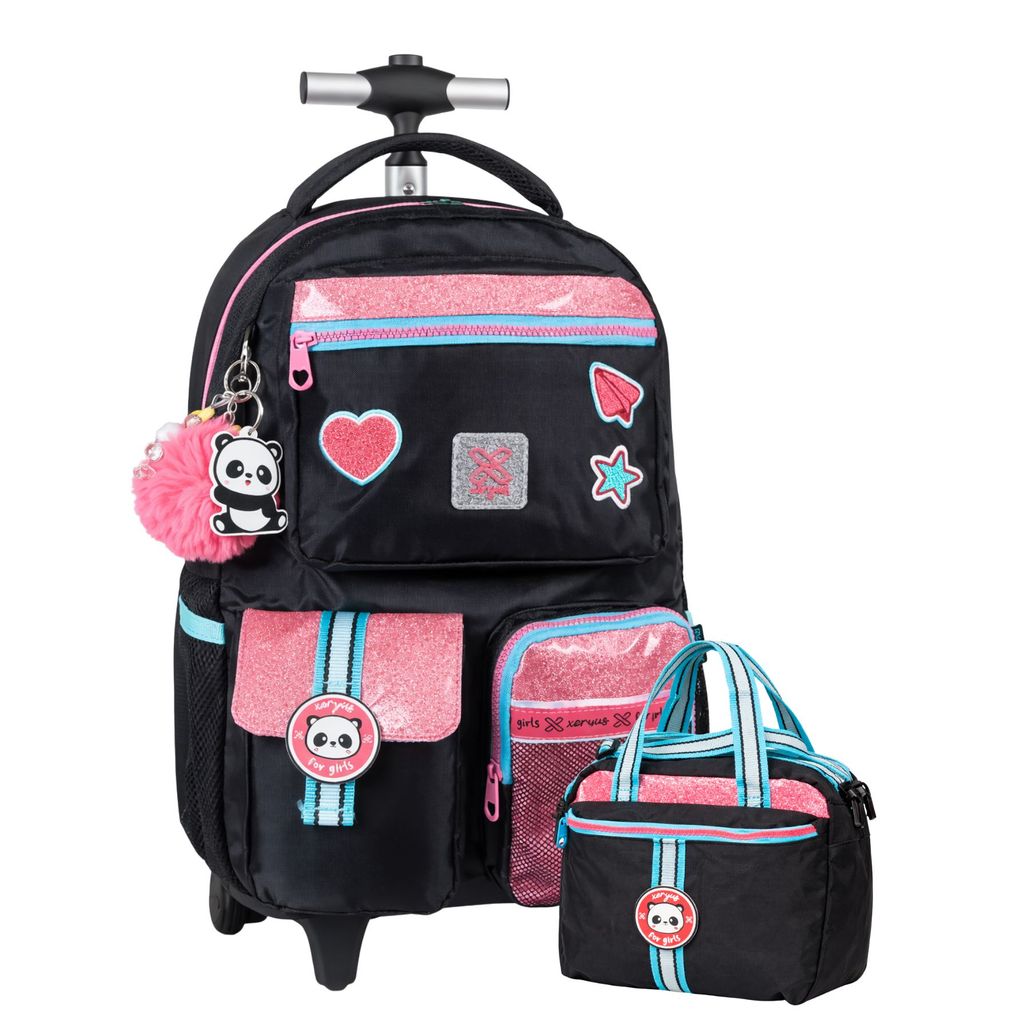 Kit Conjunto Escolar Juvenil Menina Glitter Panda Mochila Rodas e Costas + Lancheira Térmica em Oferta na Shopee