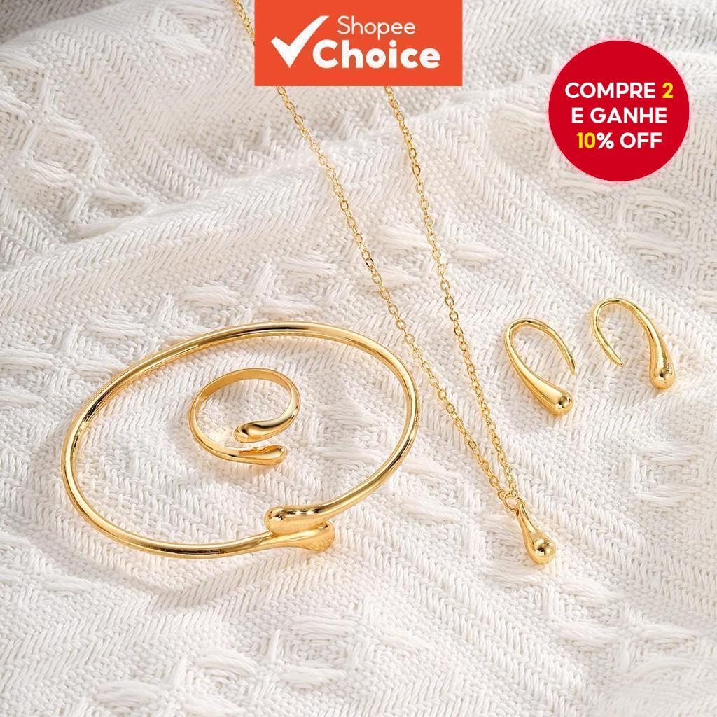 Coleção de Joias Douradas Elegantes com 4 Peças para Mulheres - Inclui Conjunto de Anel Gota d'Água, Colar, Brincos e em Oferta na Shopee