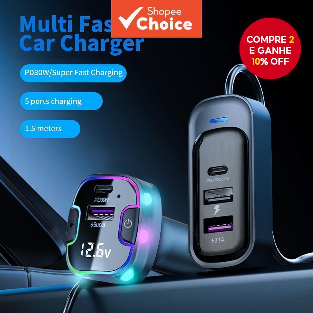  Carregador de Carro USB Carregamento Rápido Adaptador de Carregador Móvel Automático Extendido USB com 5 Portas de