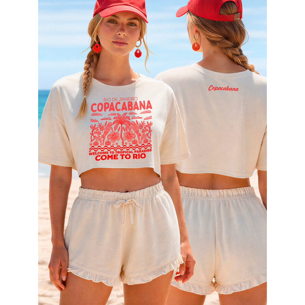 Blusinha Curta Oversized Estampa Copacabana Verão Cropped 100% Algodão OFF Whte Azul Academia Praia Moda Feminina