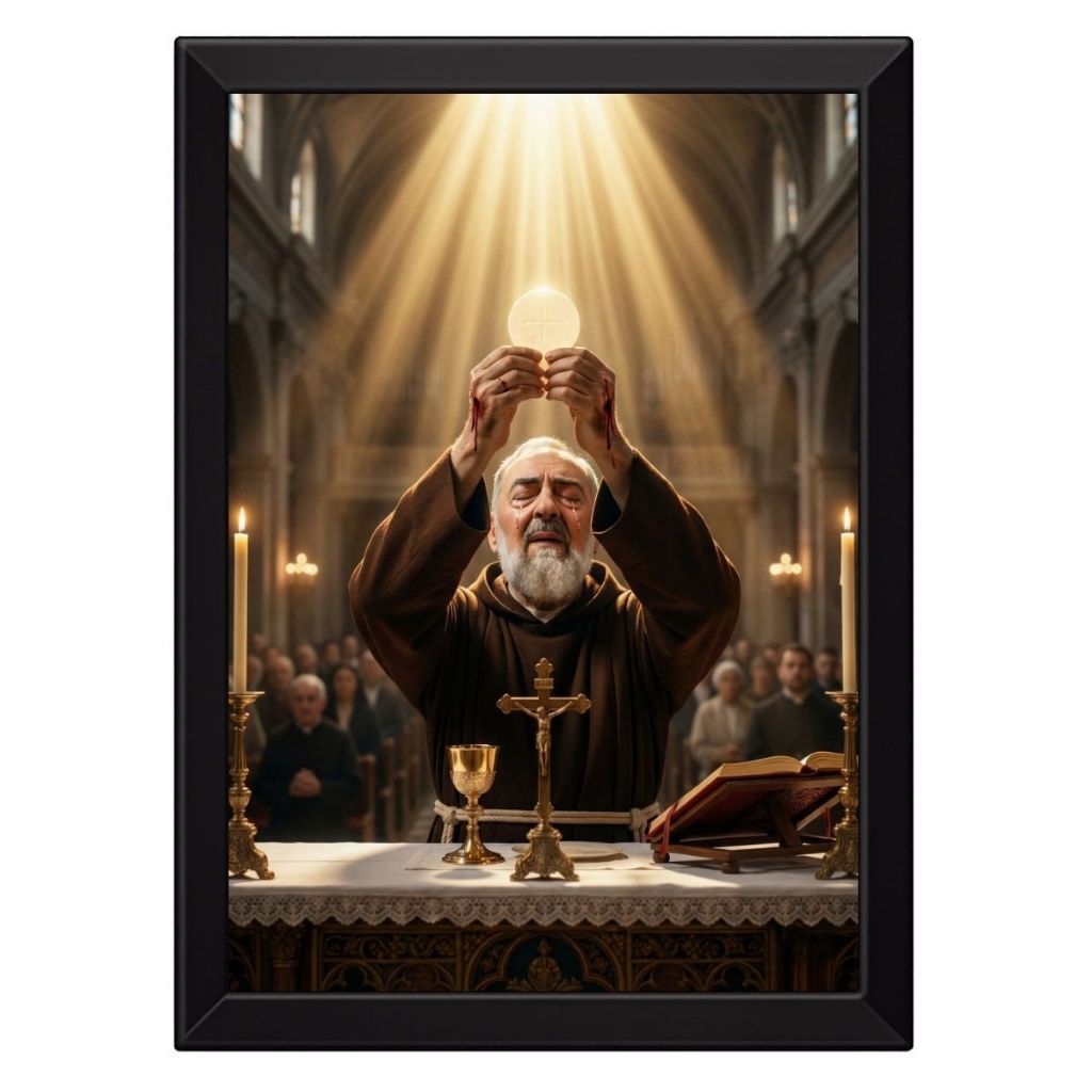 Quadro Padre Pio Levantando Hóstia Missa