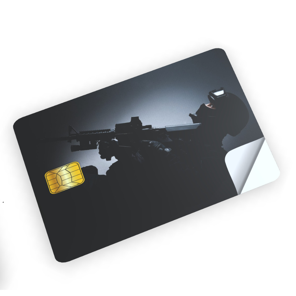 KIT 8 ADESIVOS para cartão Credit/debit TEMA: ARMAS CAR 080  (película protetora - corte eletrônico)