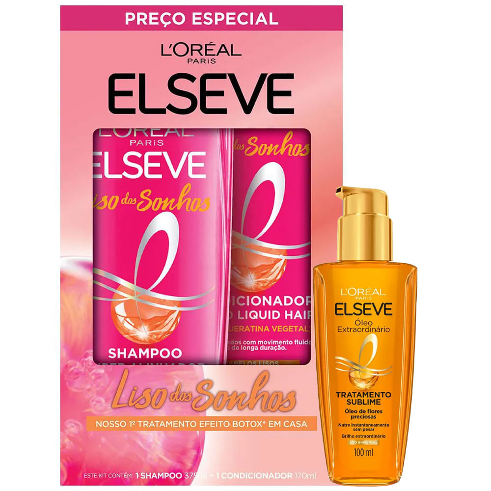 Kit Elseve Shampoo 375ml e Condicionador 170ml Liso dos Sonhos + Óleo Extraordinário 100ml em Oferta na Shopee