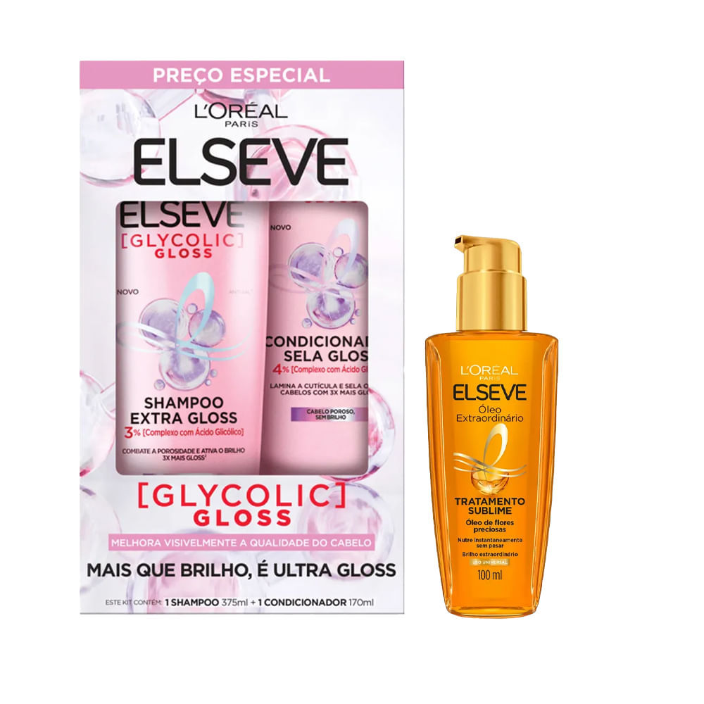 Kit Elseve Kit Shampoo 375ml + Condicionador Glycolic Gloss 170ml + Óleo Extraordinário 100ml em Oferta na Shopee