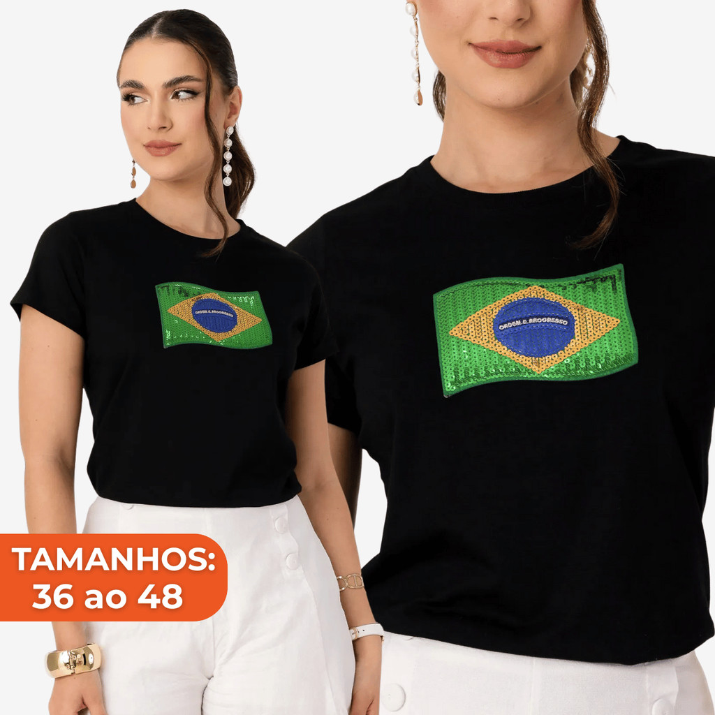 Blusa Feminina Bordada Brasil Copa do Mundo Camiseta Manga Curta Algodão 30.1