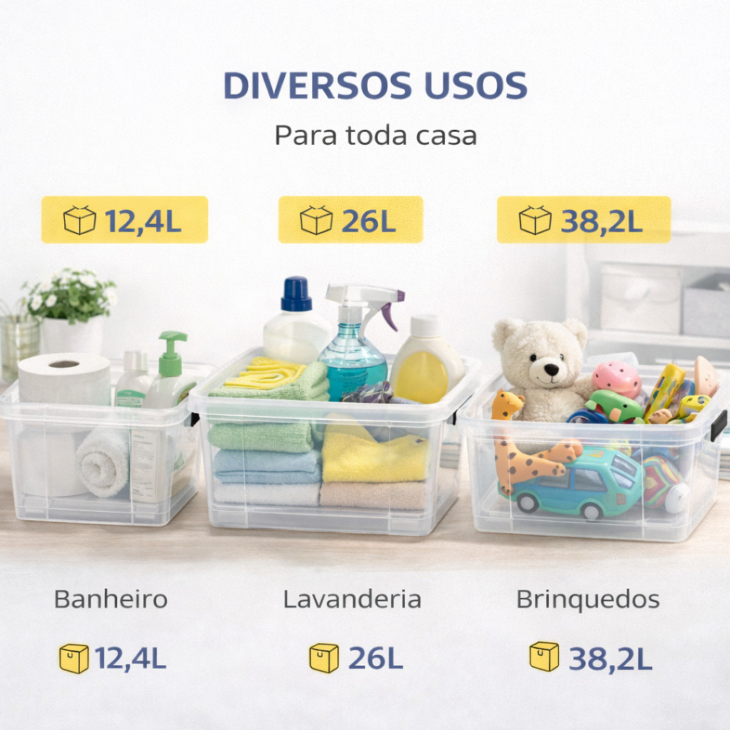 Container Plástico Caixa Organizadora com Tampa 12,4L 26L 38,2L Caixa Transparente Multiuso