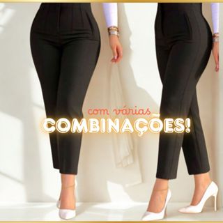 Calça Alfaiataria Feminina Cintura Alta Plus Size PP ao G3 com Bolsos, Elastano e Envio Imediato em Oferta na Shopee
