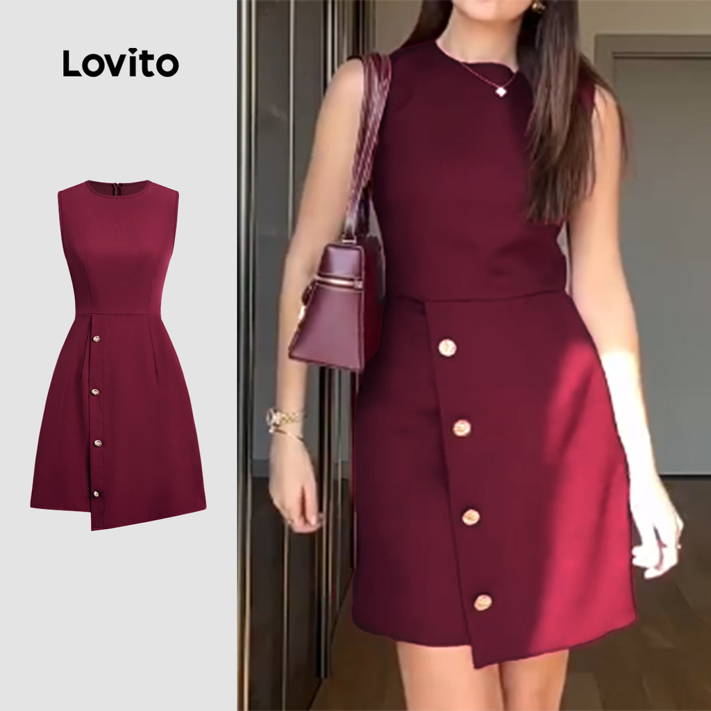 Lovito Vestido Elegante Com Fivela Metálica Simples E Assimétrico Na Cor Vinho Primavera/verão Para Mulheres L155ED1471 em Oferta na Shopee