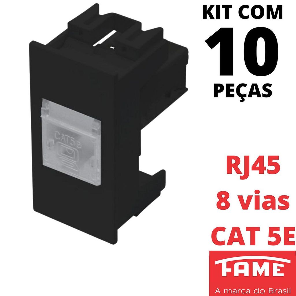 10un Módulo Tomada Rede de Informatica RJ45 CAT 5E 8 Vias Habitat Black Preto FAME