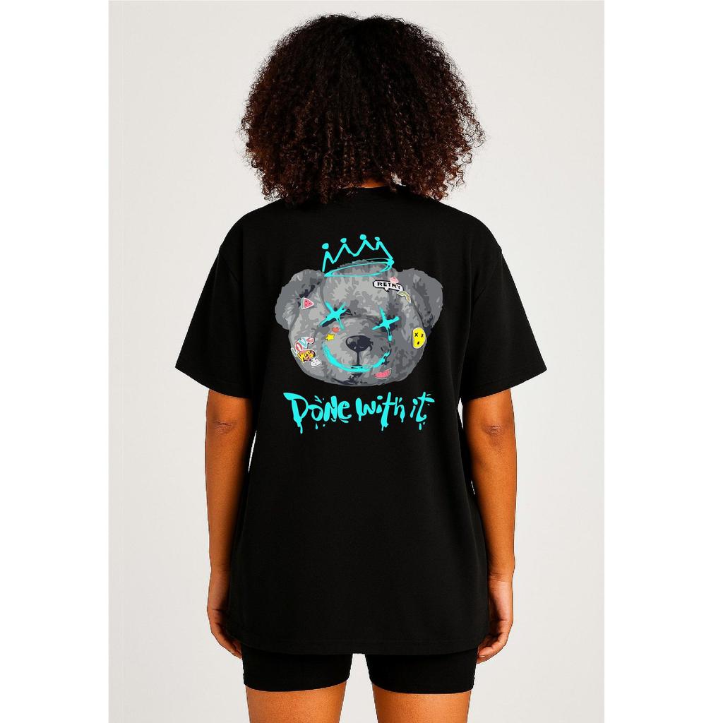 Camiseta Feminina Streetwear Algodão Penteado Infantil Adulto Plus Size Estampa Urso Coroa Rei Done With Moda Estilo