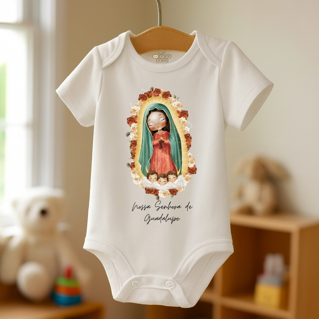 Body Bebê Santinhos Manga Curta Criança Infantil Religioso Macacão Nossa Senhora de Guadalupe Macacão