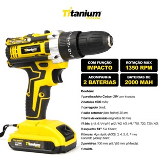 Parafusadeira à Bateria com Impacto 21V Maleta com 35 Peças Titanium Platina em Oferta na Shopee