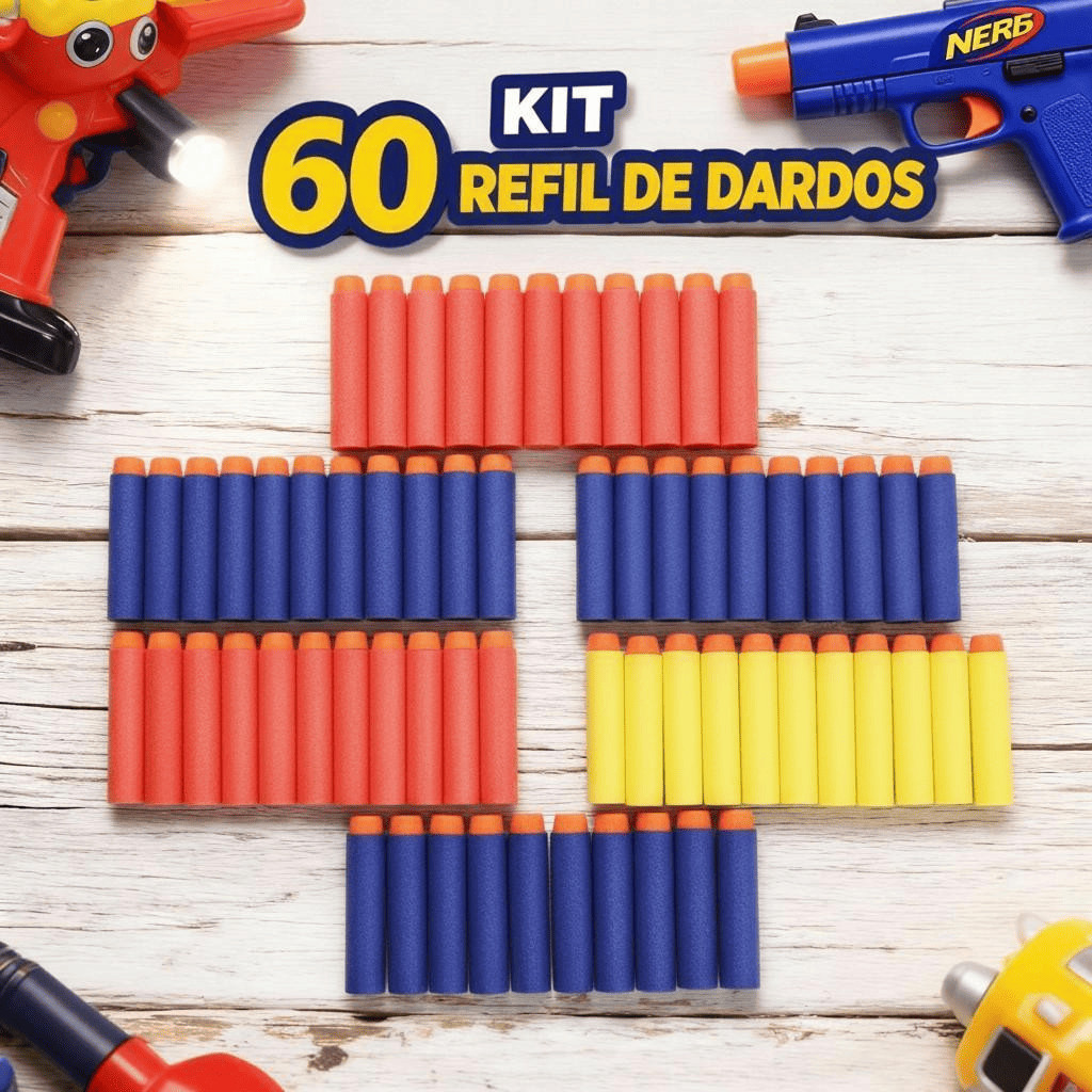Kit 60 Refil de Dardos Espuma Munição Nerf Lançador Balas Infantil Brinquedo